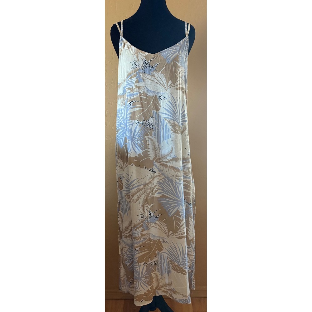 Aerie Tropical Leaf Print Maxi Dress Blue Tan V-Neck Double Strap Size M